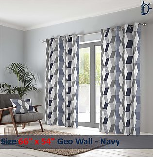 Curtains Set, Printed curtains for room, 100% cotton - GeoWall Navy Blue - Pack of 2 Curtains