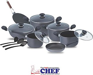 CHEF 15 Pieces Non-Stick Gift Pack Set with Glass Lid (Grey) - NS-323