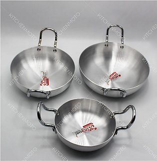 Karahi Silver Steel Karahi For Cooking And Serving On Table Pack Of 3