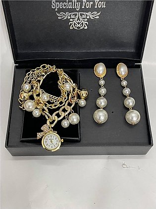 Fashion Jewellery Pack of 2 Gift Set Pearl Bracelet Watch+ Pearl Earring for Girls