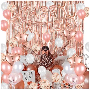 Happy Birthday Rose Gold Decoration Set Including Birthday Foil + 25 Balloons + 5 x Confetti Balloons + 2 x stars & Hearts + Curtains 6 feet Length- Rose Gold Theme For Girls