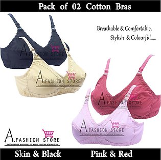 A.Fashion Pack Of 02 Cotton Bra Multi Colors & Skin, Black Comfort Bra Style Printed Bra for Girls Non Padded non Wired Bra