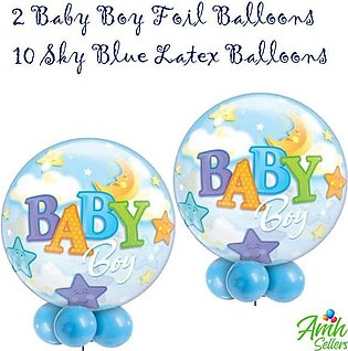 2 Baby Boy Foil Balloons With Latex Balloons Set