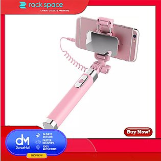 ROCK Selfie Stick 360 Degree Rotatable Aluminum Alloy Stick With Wire Control & Mirror 3.5mm For Android 685mm Length (Pink)
