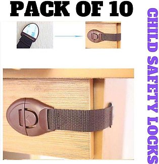 Pack of 10 - Child Safety Locks For Drawers And Doors - Brown