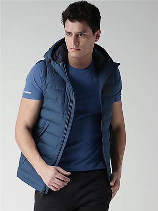 Blue Leather Puffer Parachute Jacket For Men
