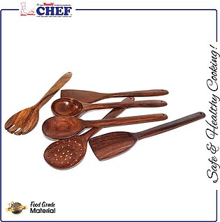 Pack of 6 - CHEF Eco Friendly Export Quality Natural Wooden Spoon - Spatula - Turner - Ladle Set