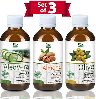 Set of 3  Aleo vera oil  Almond Oil  Olive Oil - 100% Pure & Natural Best for Skin & Hair care Recipes