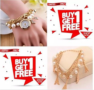 Stylish Bracelet Watch With Free Random Design Bracelet For Girls