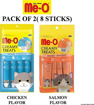 Me-O Creamy Treats Pack Of 8 Sticks (2 Packets) Chicken & Liver & Salmon Flavors.