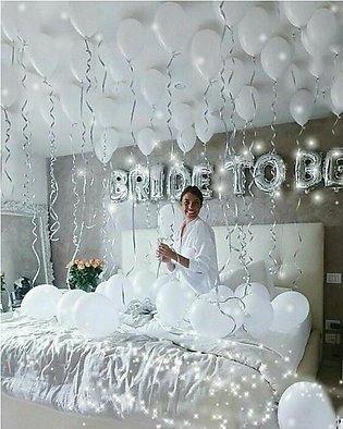 Bride to be package theme white. Bride to be 9 letters foil balloons (silver).Pack of 100 white latex balloons.