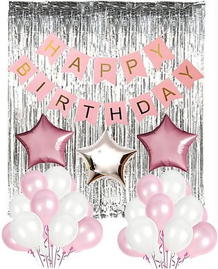 Happy Birthday Pink Silver Set With Pink Birthday Banner , Silver Background Curtains , Stars Foil Balloons & Latex Balloons