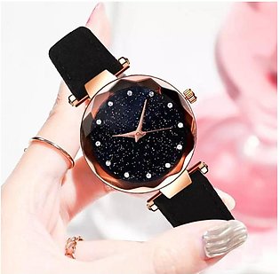 Black Leather Black Dial Women High Quality Watch