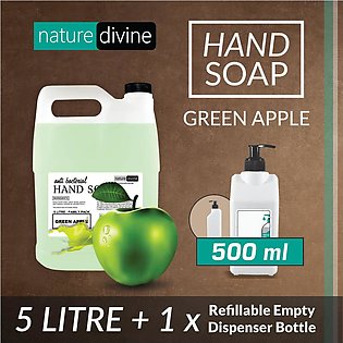 5 Litre Antibacterial Green Apple Hand Wash, Hand Soap, Body Wash Liquid and 1 x 500 ml HDPE Refillable Empty Dispenser Bottle with Pump - Family Pack