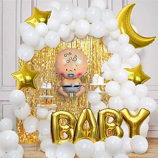 Golden Baby Decoration Combo 58Pcs Foil Curtain Moon & Star Foil Balloon White Latex Balloon With Baby Letter- Boy Shape Foil Balloon Set For Welcome Home Baby Shower Birthday Party Decoration.