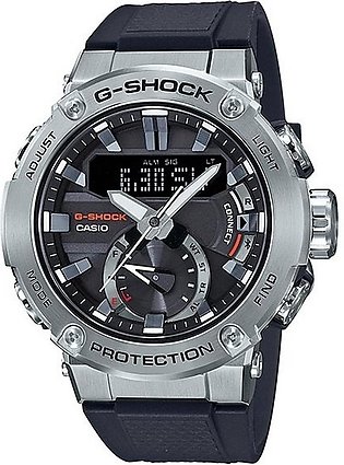 Casio G Shock G-Steel Carbon Core Mens Silver Case Solar Powered Bluetooth Analog-Digital Black Resin Band Watch For Mens-GST-B200-1ADR