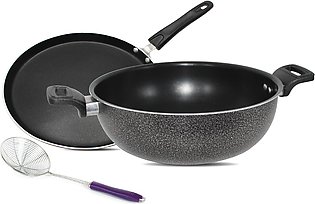 Chef Ramadan Deal – Non Stick Wok 28 Cm+ Pizza Pan 30 Cm With Free Frying Strainer