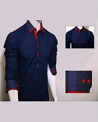 Navy Blue Collar Cotton Kurta For Men