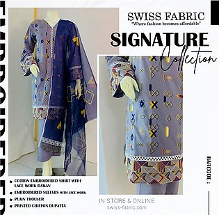 Swiss Fabric Signature Collection Cotton made three piece Stitch suit Allover Embroidery Grey