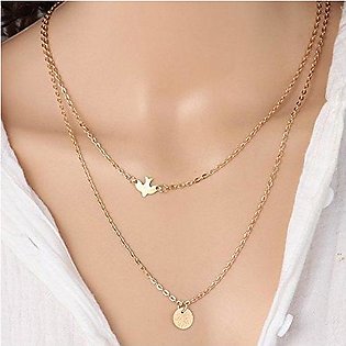 Hoor Home Collection Peace Flying Double Layers Crystal Sequins Coin Chain Pigeon Bird Water Drop Pendant Multilayer Boho Necklace for Women Girls