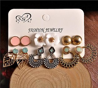 6 pairs New Fashion Stud and Drop Earrings set Mixed Pearl and Bohemian Vintage style Jewellery accessories for Women