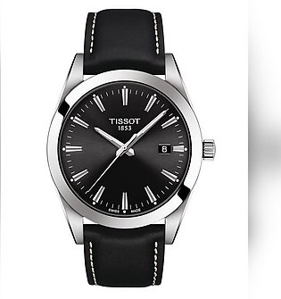 NEW TISSOT GENTLEMAN BLACK DIAL WITH BLACK LEATHER STRAP WATCH - T127.410.16.051.00