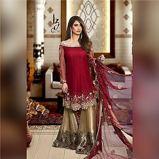 chiffon suit chiffon Dupatta with Silk Trouser  Ston work  EMBROIDERED DETAILS ▫Embroidered front Embroidered back ▫Embroidered sleeves ▫Embroidered neck ▫Embroidered daman ▫Embroidered Dupatta.  Embroidered sik trouser