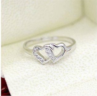 Double Heart Shape white zircon crystal 18k platinum plated fashionable ring for women - size 19