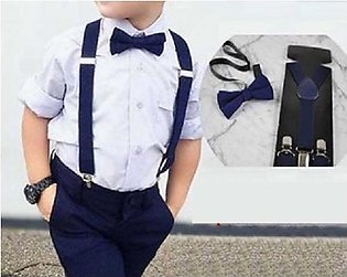 Adjustable Suspender for Kids with Bow Twin Pack Navy Blue Elastic Galas Suspenders and Silk Bow Tie For Boys, Girls, Kids, Children.