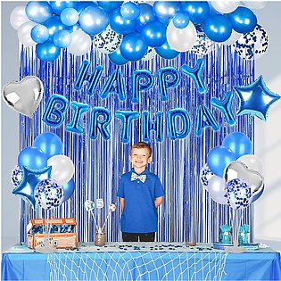 Happy Birthday Blue Decoration Set Including Birthday Foil + 30 Balloons + 5 x Confetti Balloons +2 x stars & Hearts +1 pc Curtains 6 feet Length ) Party Items Birthday Themes -Birthday Decoration -Birthday Theme For Boy/Girl -Birthday