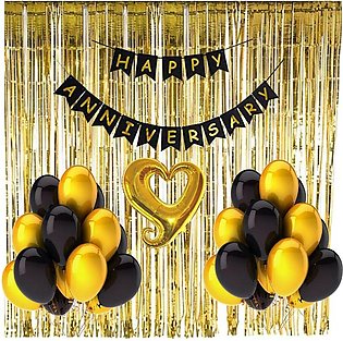 Happy Anniversary Golden Black Set With Happy Anniversary Banner & Golden Heart Foil balloon , Golden Curtains & latex Balloons in Golden Black