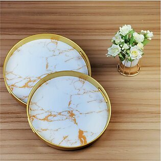 Marble Design Round Décor, Serving & Vanity Tray | Set of 2 ( White & Gold )
