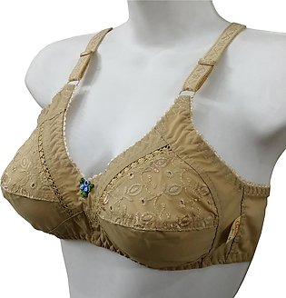 Non Padded Bra for Women with Chikan Embroidery Classic Cotton Bras for Women's with Adjustable wide straps in 34 to 50 Size Brazer for B and C Cups Summer Non Wired Brassiere for Ladies in Beige Color