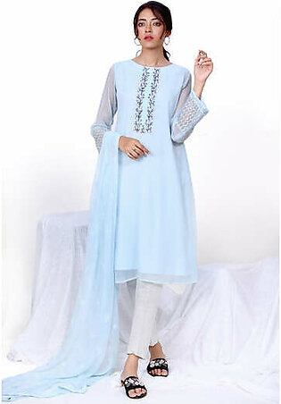 Chambray blue straight shirt. Boat neckline with center placket and floral contrasting embellishment around the placket.  Slightly flared full length silver zari embroidered sleeves paired with chiffon embroidered dupatta.

2-Piece
Color: Chambray blue
Fabric: Chiffon (Shirt and Dupatta)
Length: 42"