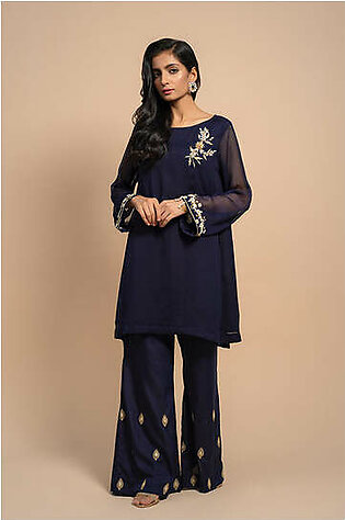 A-line flared hand-worked detailed shirt with embroidered cuff.

Fabric: Chiffon
Color: Navy Blue
Cut – A-line, flared
No. of pieces: 1 - Shirt only