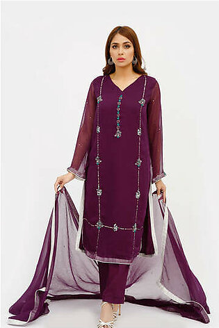 Straight shirt V-neckline.  Front and sleeves finished with hand work of colourful threads and sequin, paired with matching dupatta detailed with silver finishings and matching pants. Color – Purple No. of pieces – 3 Shirt fabric – Chiffon Dupatta fabric...