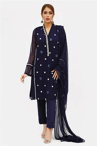 A-line flared shirt. Embroidered front and sleeves  embellished with hand work of sequin and beads on front placket paired with matching pants and sequin spray dupatta.  Color – Navy blue Of pieces – 3 Shirt fabric – Chiffon Dupatta fabric...
