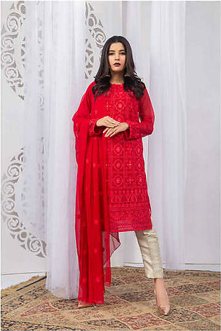 Boat neckline straight cut shirt, front detailed with heavy tonal embroidered motifs and sequin. Full-length sleeves detailed with embroidered cuff paired with matching floral embroidery dupatta.

2-Piece
Color: Red
Fabric: Chiffon
Dupatta: Chiffon
