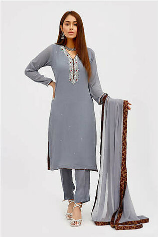 Straight shirt with silver work on neckline, detailed with zari and resham French knots. Handwork on sleeve edges. Shirt finished off with all over sequin spray. Color - Grey No. of pieces – 3 Shirt fabric – Crepe Chiffon Dupatta...