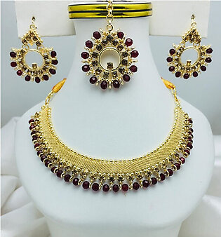 Gold and Brown Pearl Choker Necklace Jewelry Set with Earrings and Matha Patti (ZV:19705)