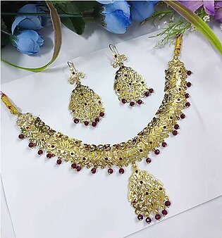 Gold Plated Maroon Pearls Necklace Set With Earrings (ZV:4739)