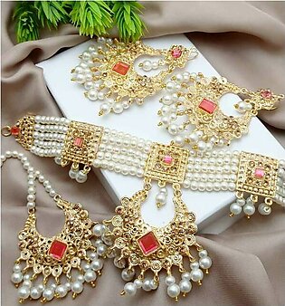 Beautiful Pink and White Choker Pearl Necklace Jewelry Set (ZV:4721)
