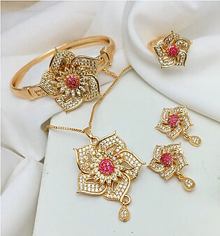 Elegant Pink Zircon Flower Jewelry Set With Chain Locket, Tops, Ring & Kara ZV:20144