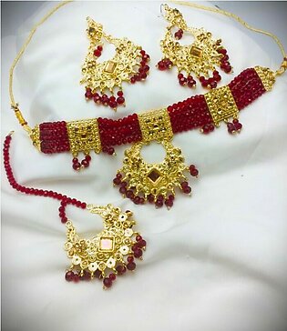 Maroon Pearl Necklace Set With Earring & Tikka (ZV:1714)