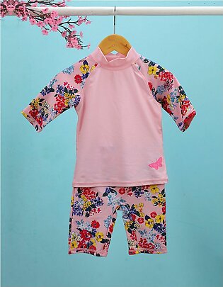 Swim Suit Pink with Printed Sleeves and Shorts Butterfly Theme