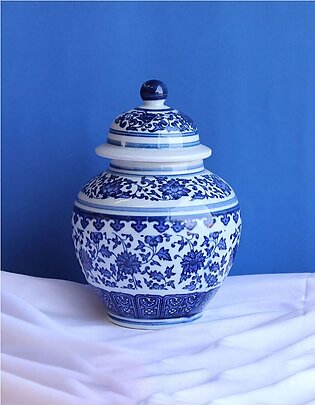 Pottery Jar Blue & White with Lid