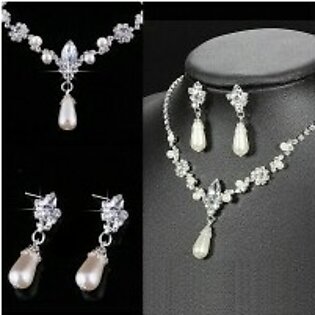 Crystal Simulated Pearl Jewelry Set Necklace Earrings