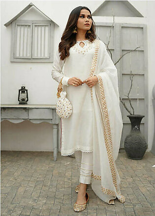 Amna Ismail - WHITE COTTON NET DHABKA  DRESS