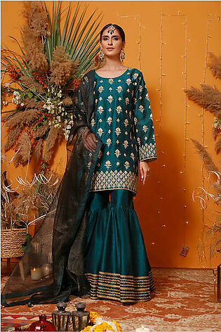 Sana's - Zari Embroidered Raw Silk Gharara Suit | MEHRU | G202157