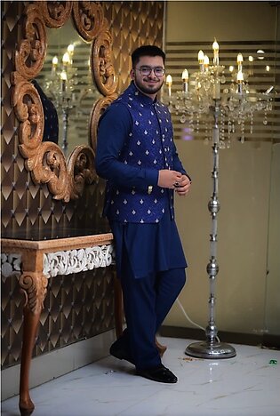 Royal Blue with Golden Embroidered Waist Coat